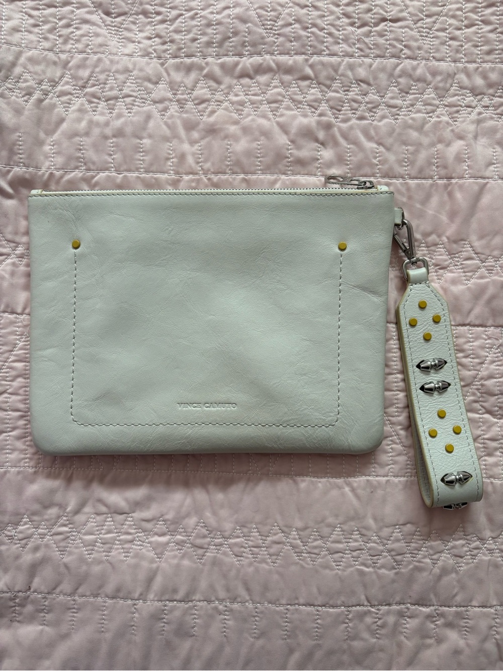 Vince Camuto White Leather Wristlet Clutch with Silver Studded Strap